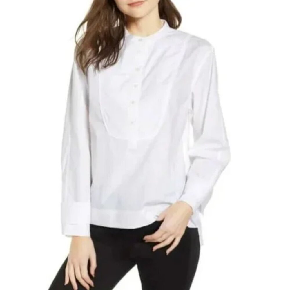J. Crew Band Collar Tuxedo Popover Tunic in Cotton Poplin, White S